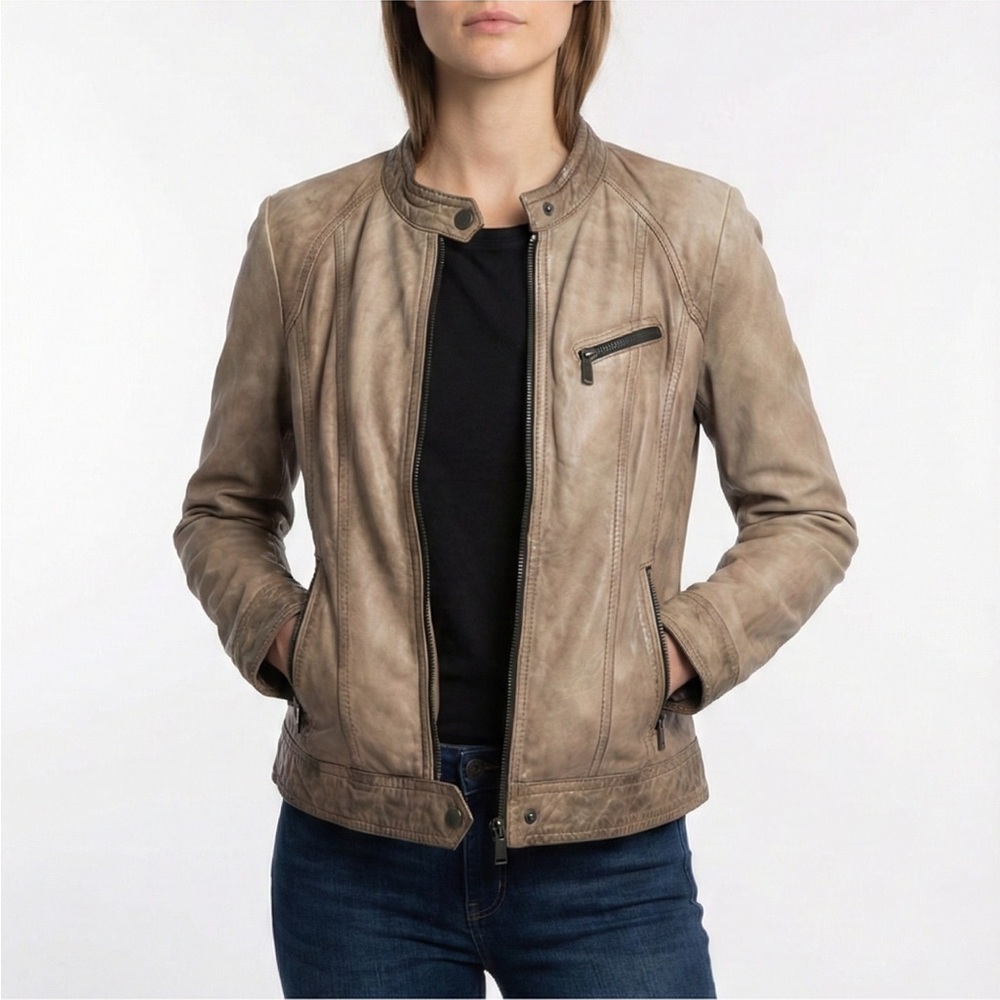 Andrew Marc Vintage Washed Tan Leather Biker Moto Jacket